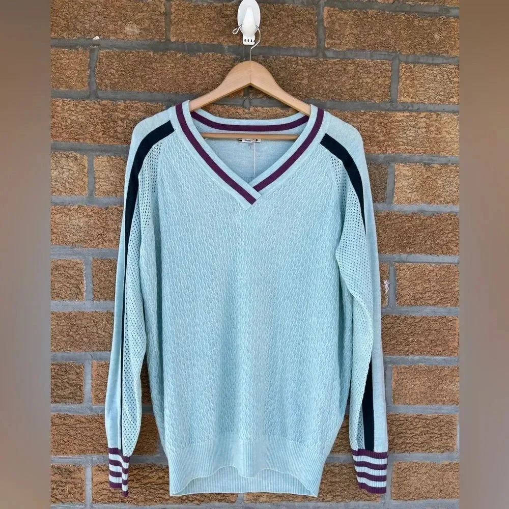 Smartwool Mint Green V-Neck Sweater with Navy and Burgundy Trim
